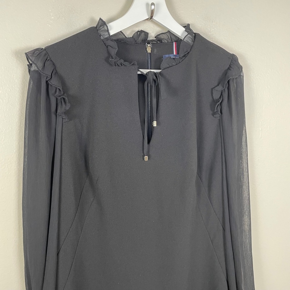 Tommy Hilfiger Women's 10 Shift Dress Black Sheer Sleeve Ruffle NEW - Picture 3 of 11